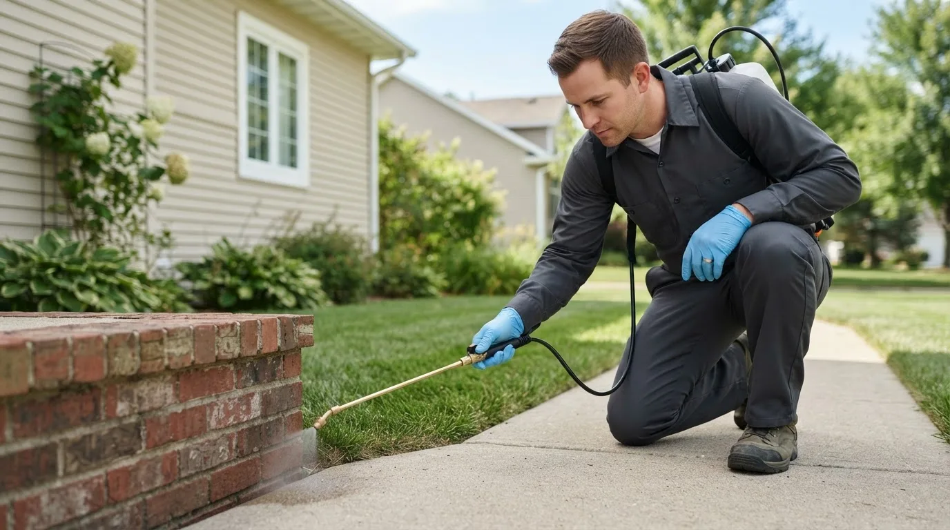 Pest control technician treating a home near Clements, CA